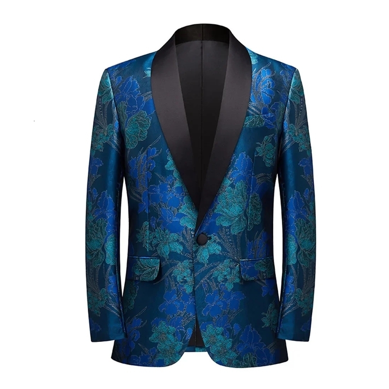 Men's Suits Blazers Mens Vintage Blue Floral Tuxedo Suit Jacket One Button Stylish Jacquard Prom Dinner Jacket Men Blazers Party Wedding Costume 