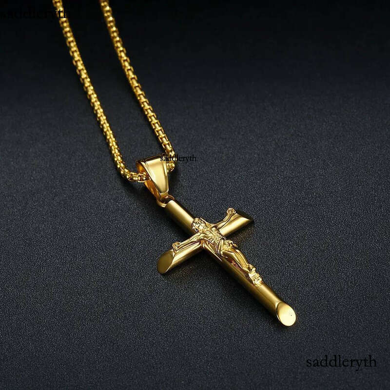 Hip Hop Stainless Steel Jesus Cross Pendant Necklace High Polished Gold Plated Religious Jewelry