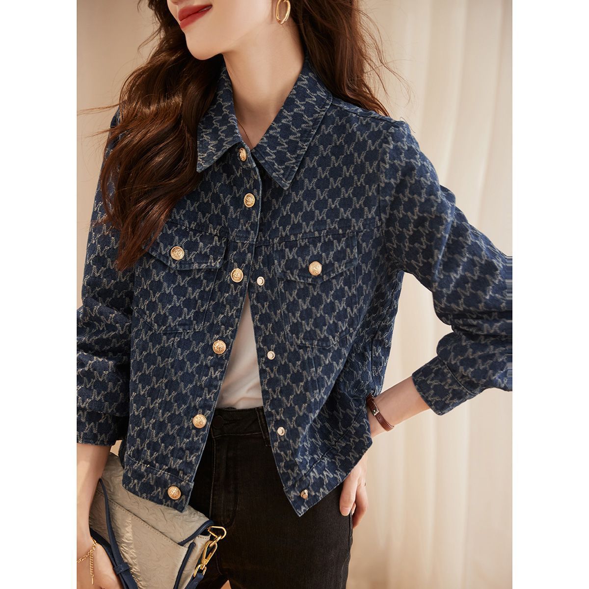 Spring Autumn Check with Print Graphic Outerwears Blue Mix Color Female Jeans Coat Womens Denim Jackets Chic and Elegant 250723