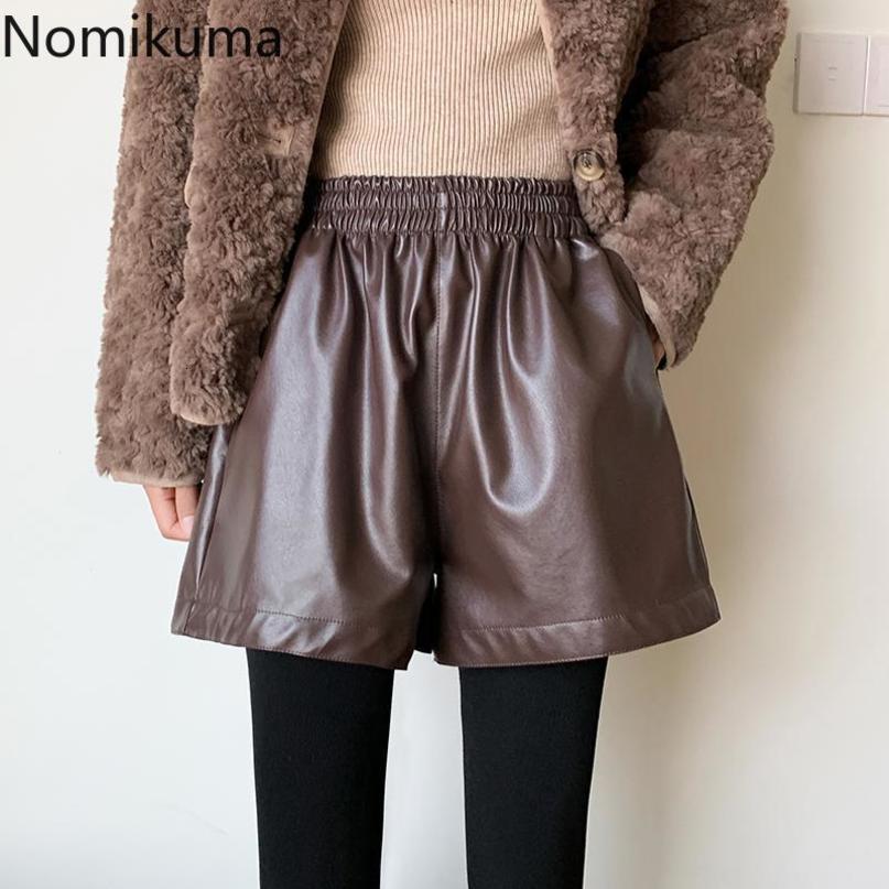 Nomikuma PU Leather Women Shorts Causal Solid Stretch High Waist Bottom Spring New Wide Leg Short Feminimos 6E047 210427