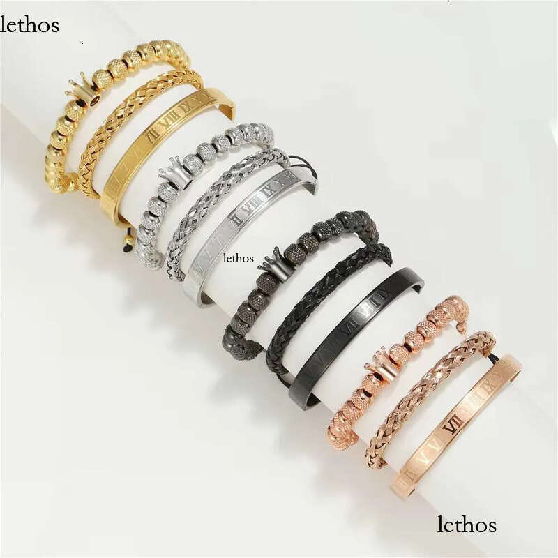 DHCollections Roman Letter Stainless Steel Men's Open Set Vintage King Crown Braided Bracelet for Men with 9 Beads 8f