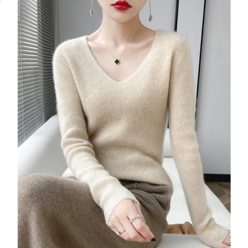 100% pure wool slim quality autumn and winter ladies Vneck sweater womens knitted pullover fashion solid color warm top 240730