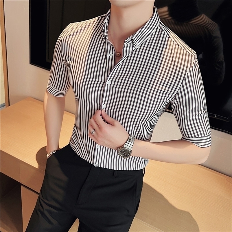 Men's Casual Shirts Summer Half Sleeve Men's Striped Shirt Business Casual Formal Clothing 3XL Slim Fit Office Shirt Men's Black/Blue 2