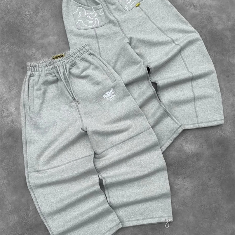 Trendy Gray Sweatpants with Unique Camo Pocket Drawstring Comfortable Casual Wear Everyday Activities Perfect Streetwear 250411