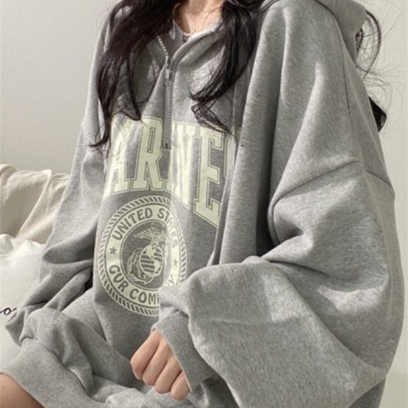 Women's Hoodies Sweatshirts Deeptown Hip Hop Zip Up Oversized Hoodies Women Harajuku Letter Print Sweatshirts Gray Vintage Loose Fleece Winter To