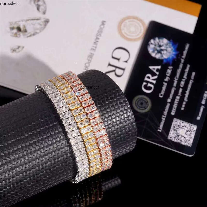2Rows 3mm VVS Moissanite Pass Tester Sier Hip Hop Jewelry Bracelet Iced Out Dia Tennis Chain de