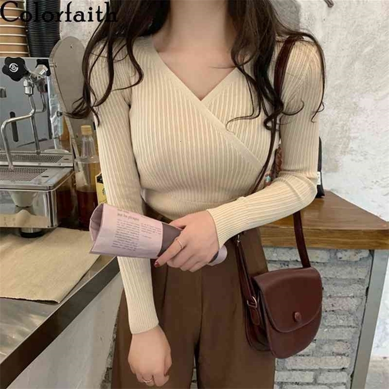 Colorfaith New Autumn Winter Women's Sweaters Pullover V-Neck Sexy Cross Minimalist Slim Bottoming Solid Lady Tops SW33561 210413