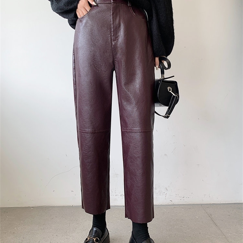 Women's Pants Capris Syiwidii Burgundy Leather Pants Women Wide Leg Trousers Korean Style Y2k Fashion Loose Pants High Waisted Black Pu Baggy Pan