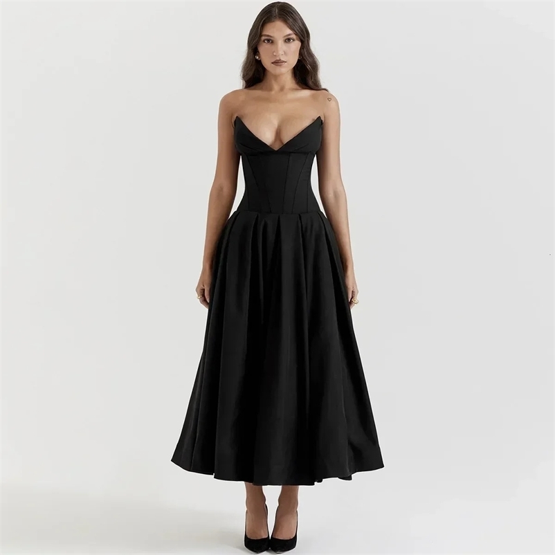 Suninheart Black Elegant Wedding Events Dress Sexy Strapless Corset Dress Midi Christmas Party Dresses for Women Clothing 250226