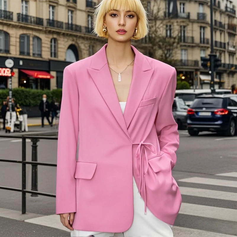 PB ZA womens jacket notch lapel single - waist baking - print details and pockets to create a professional and fashionable appearance 250402