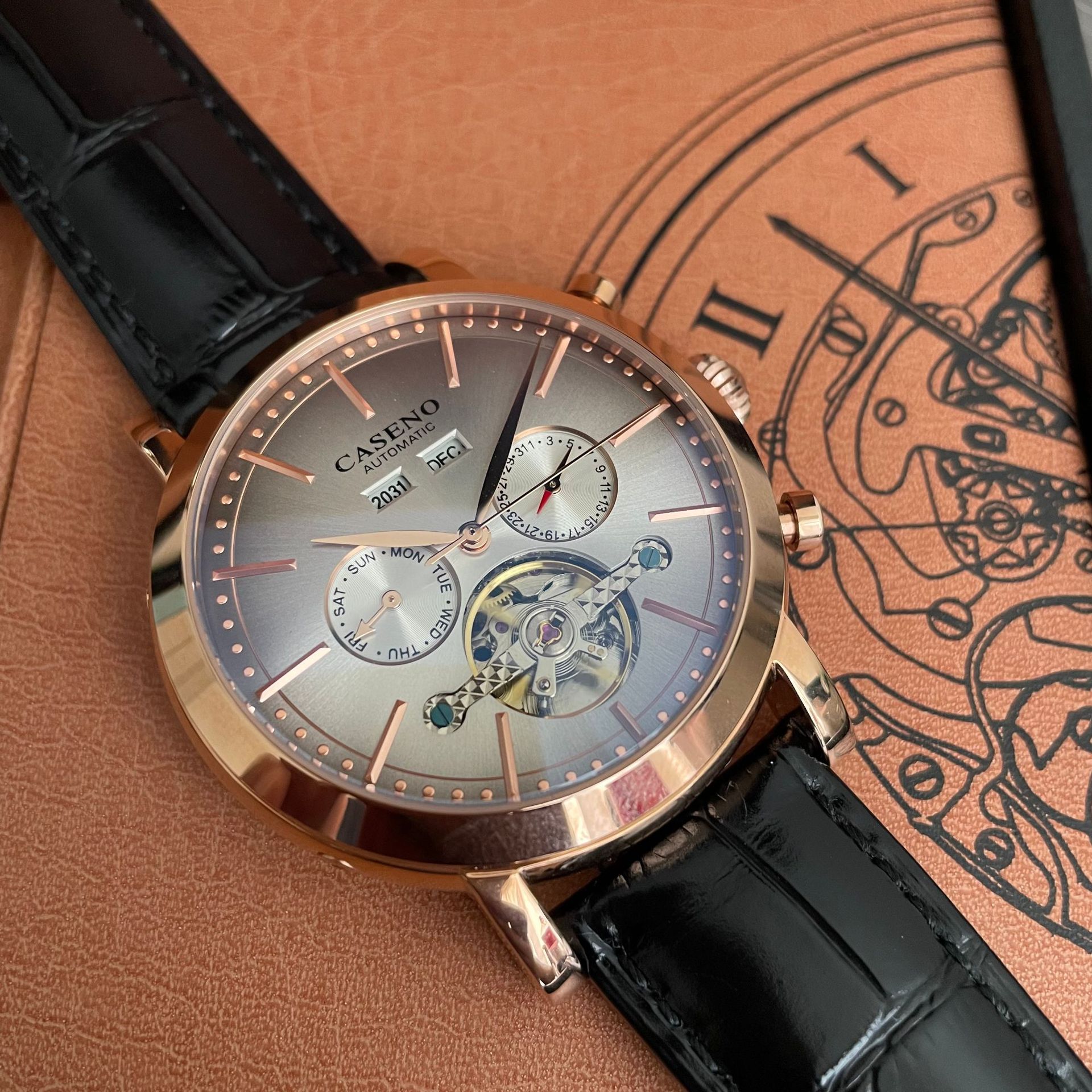 Elegant caseno Men's Chronograph High-Quality Stainless Steel Band, Self-Winding Movement w/ Complicated Tourbillon Feature