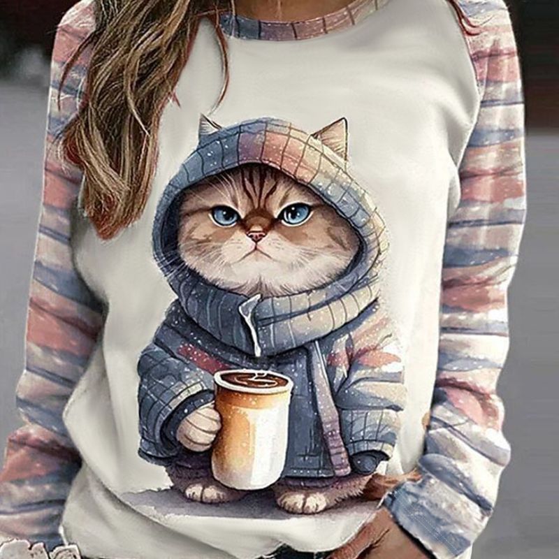 Women's Autumn Winter Cute Cat Printed Long - Sleeve T - Shirt, Fashion Casual Milk Silk Top-CF23792