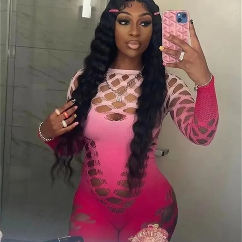 Strange cat hollow gradient color Playsuits womens summer sexy See Through long sleeved girl party clothing tight jumpsuit 250226