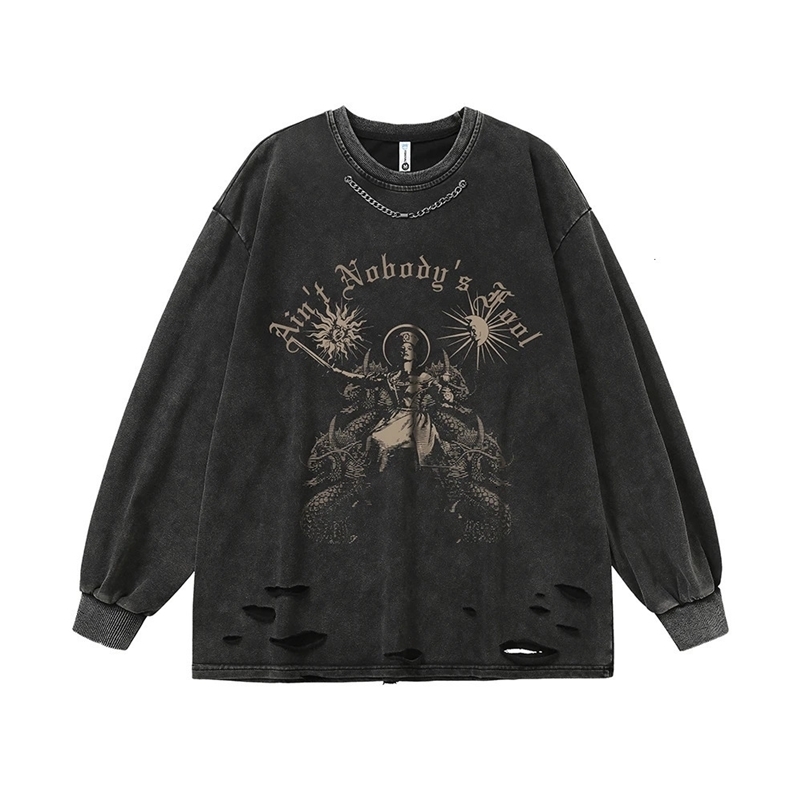 Ripped Goth T Shirts Men Vintage Long Sleeve Oversized T-shirts Fairy Grunge Y2k Men Clothes Harajuku Anime Streetwear Tops Tees 240716