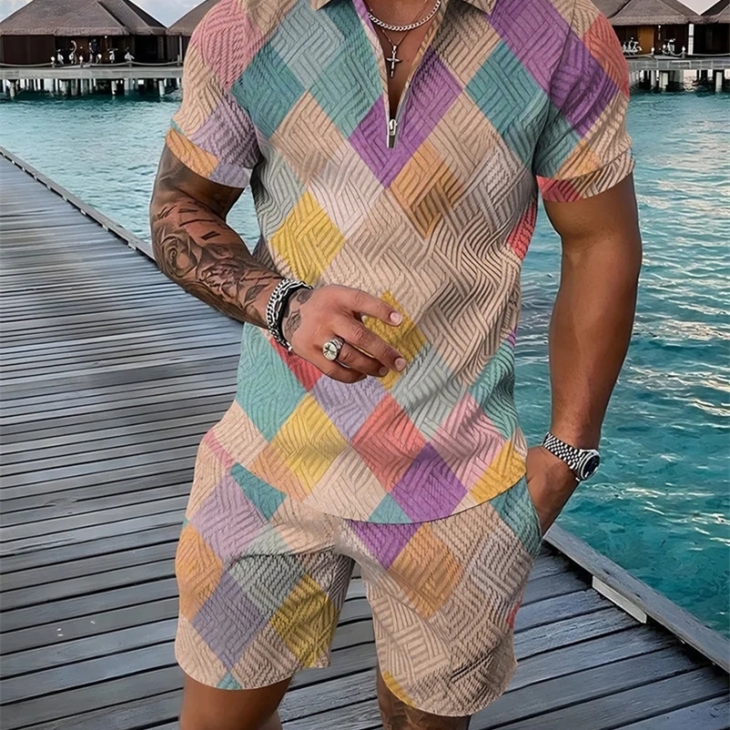Summer Fashion Mens Sportswear Set Color Patch 3D Printed Casual Zipper Polo ShirtShorts 2-piece Set Oversized Sportswear Set 250402