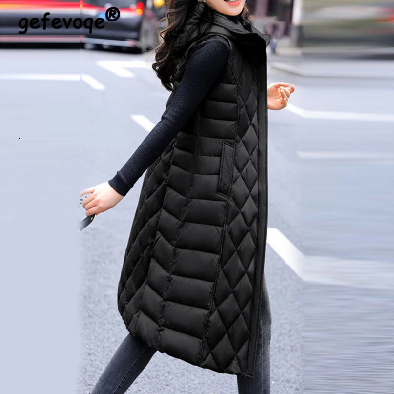 Autumn and winter womens fashionable cotton padded vest elegant ultrathin sleeveless zipper hooded jacket casual quilted long park 240910