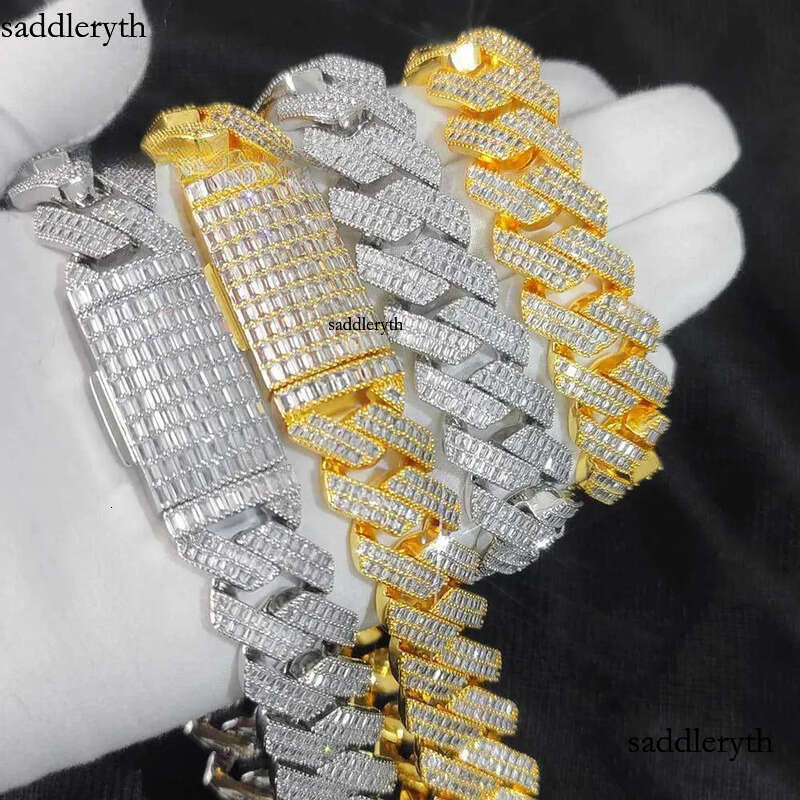 Hip Hop Jewelry Necklace Iced Out CZ Cubic Zirconia 20mm Baguette Miami Cuban Chain in Gold