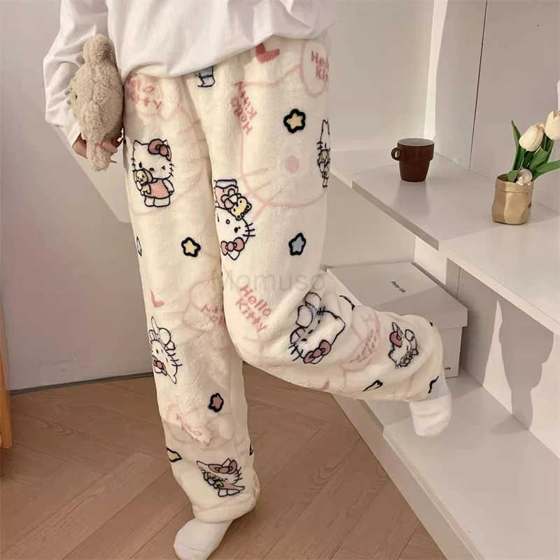 Sanrio Hello Kitty printed pattern with flannel sleeping pants for women warm autumn and winter pants home wear casual pants L250925