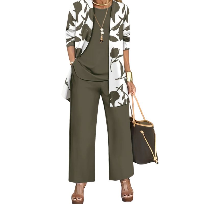 omen's Autumn Winter French - Style 3 - Piece Set: Floral Printed Cardigan + Tank Top + Wide - Leg Pants, Milk Silk Casual Commute Outfit-CF55025