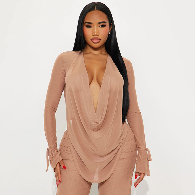 2023 J25ST273 Women's Fashion Sexy Mesh Swing Collar Tie Sleeve Top Slim Fit Long Pants Set