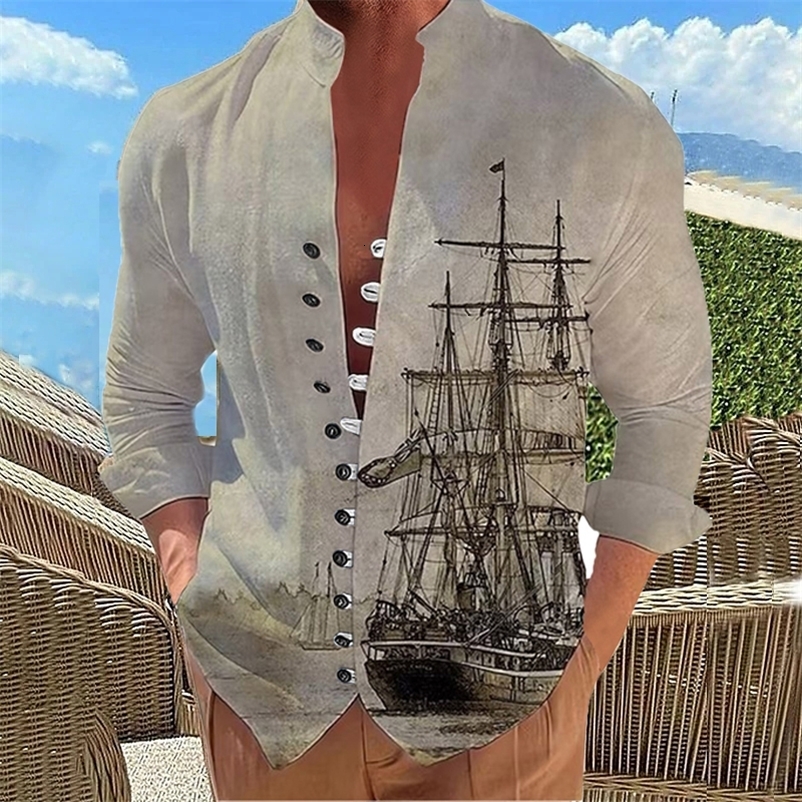 Men's Casual Shirts Casual Men Shirts Fashion Sailboat Print Button Long Sleeve Shirt Fashion Stand-Up Collar Loose Men's Shirts Streetwear 