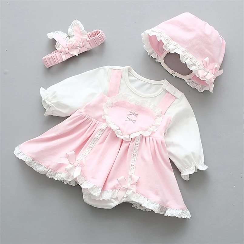 born Baby Dress for Birthday Bow Long Sleeve Spring Lace Girls Dresses Hat Princess Clothes Set 250107