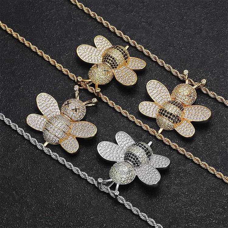 JWY Mens Stylish Brass Pendant Necklace Big Iced Out Bee with Gold Silver Plating Hip Hop Fashion Charms with Moissanite Stone