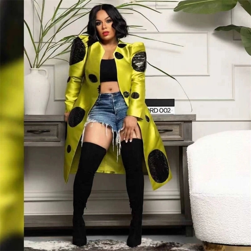 Autumn Winter Sequin Splicing Trench Women Small Suit Long Sleeve Jacket Casual Tops Slim Wild Blazers Long Coat 240703