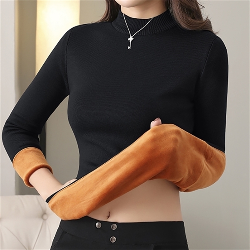 Heliar Women Winter Sweaters Solid O-neck Thermal Underwear Jumpers Thick Warm Velvet Pullovers For 211018