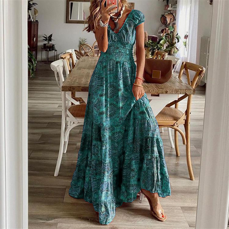 2024 New Bohemian Style Waist-Cinching Long Dress with Printed Flared Hem for Women