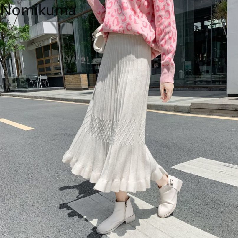 Nomikuma Women Autumn Winter Knitted Skirts Korean Ruffle High Waist Women Sweater Skirt Causal Elegant Bottoms Faldas 6D089 210427
