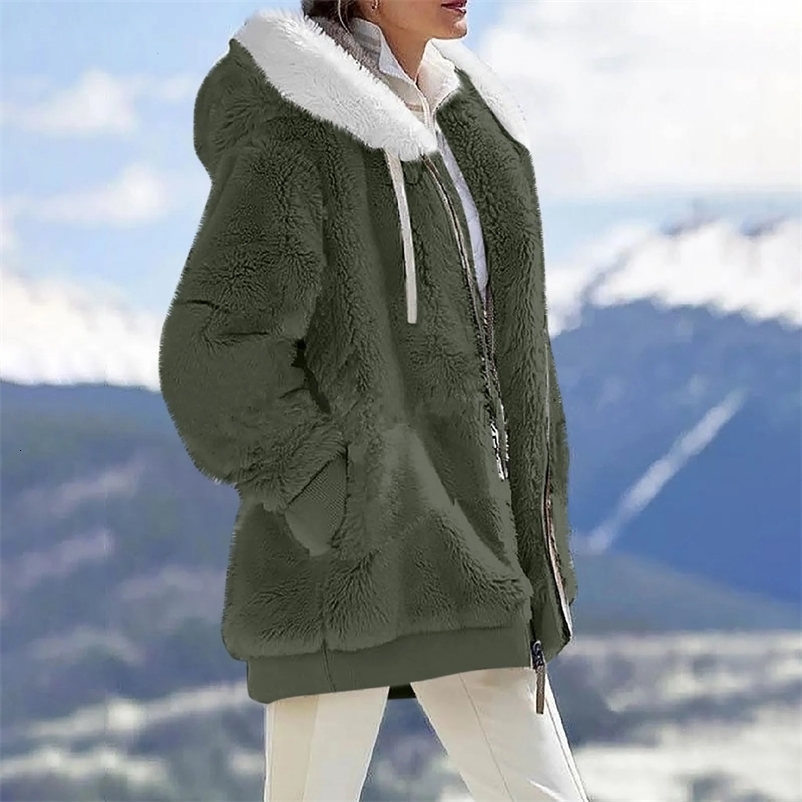 Women's Down Parkas Autumn Winter Plush Coat Women Fashion Soild Hooded Coat Loose Plush Long Sleeve Zipper Pocket Teddy Overcoat Female Hooded C