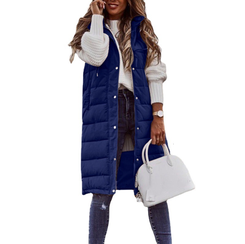 New Fashion Casual Cotton Jacket Solid Color Hooded Slim Vest Elegant Sleeveless Cardigan Mid-Length Coat for Women