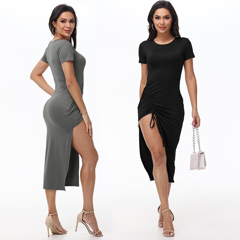 Women's Fashion Sexy Slim Fit Short Sleeve Solid Color Drawstring Irregular Slit Mid-Length Dress