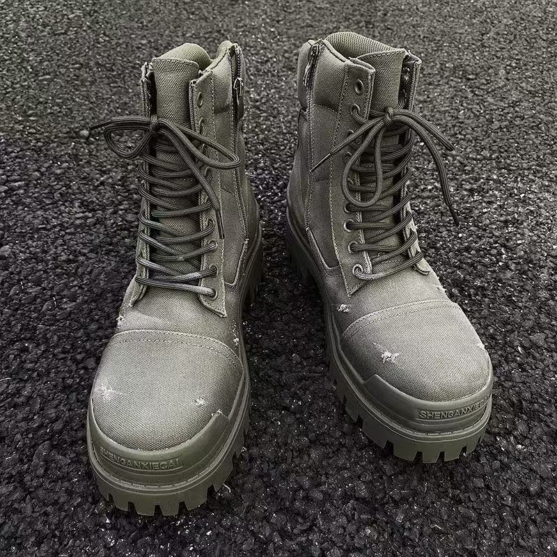 designer Boots in green cotton canvas couple martin boots high quality Combat Strike 20mm cotton canvas upper classic round toe boots autumn winter br