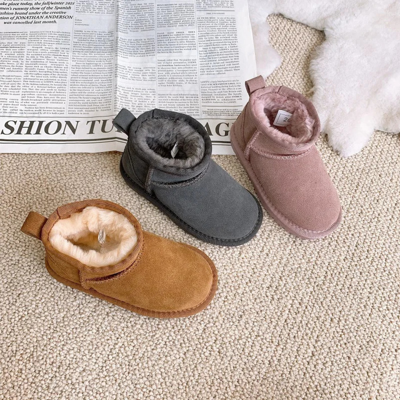 Suede Leather Kids Snow Boots Parent-child Woman Ankle Boots Winter Warm Lamb WoolGirls Shoes Genuine Leather Childrens Shoes 241219