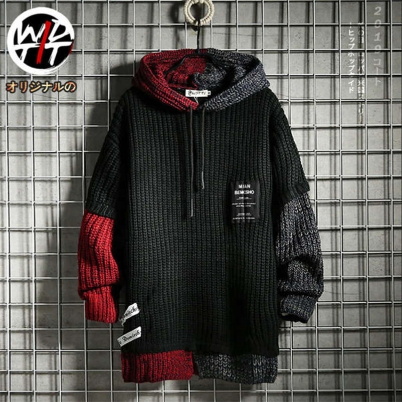 Winter Mens Patchwork Pullover Knit Sweater Hip Hop Embroidery Crewneck Knitwear Sweater Tops 210929