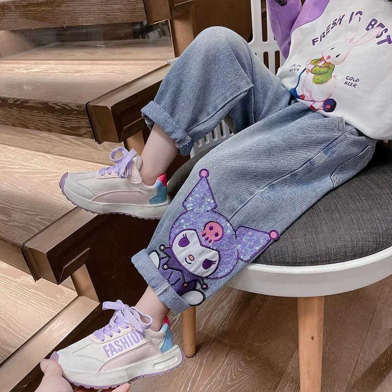 Sanrio 2024 New Kuromi Kids Jeans Cute Cartoon Retro Loose Fashion Elastic Waist Children Versatile Jeans Toys for Girl Gifts L250925