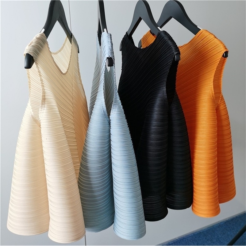 Camisoles Tanks Summer Sleeveless Loose Irregular Tank Top Women's Casual Solid Round Neck Miyak Pleated T-shirt Women's Clothing T-shirt 23