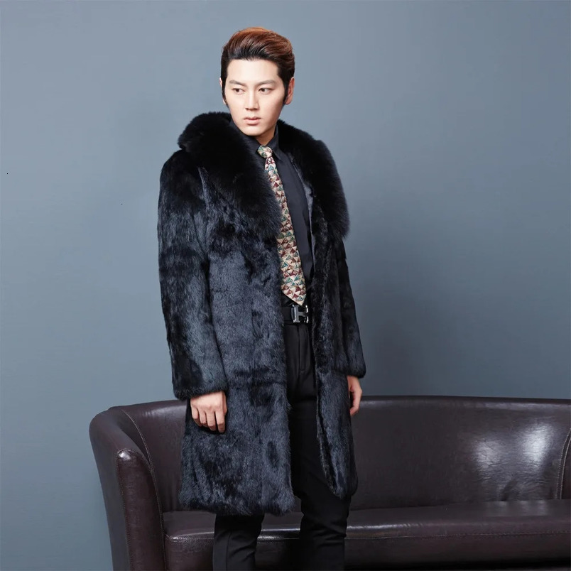 mens genunie natural rabbit fur coat big fox fur collar mens fashion long jacket warm winter customization in any size 241113