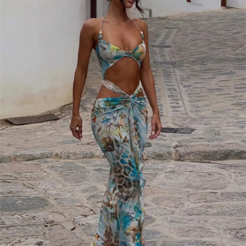 Women Sexy Print Bikini Patchwork Ruffles Long Dress Fashion Hollow Out Off Shoulder Slim Halter Vestido Lady Beach Clubwear 250322bj