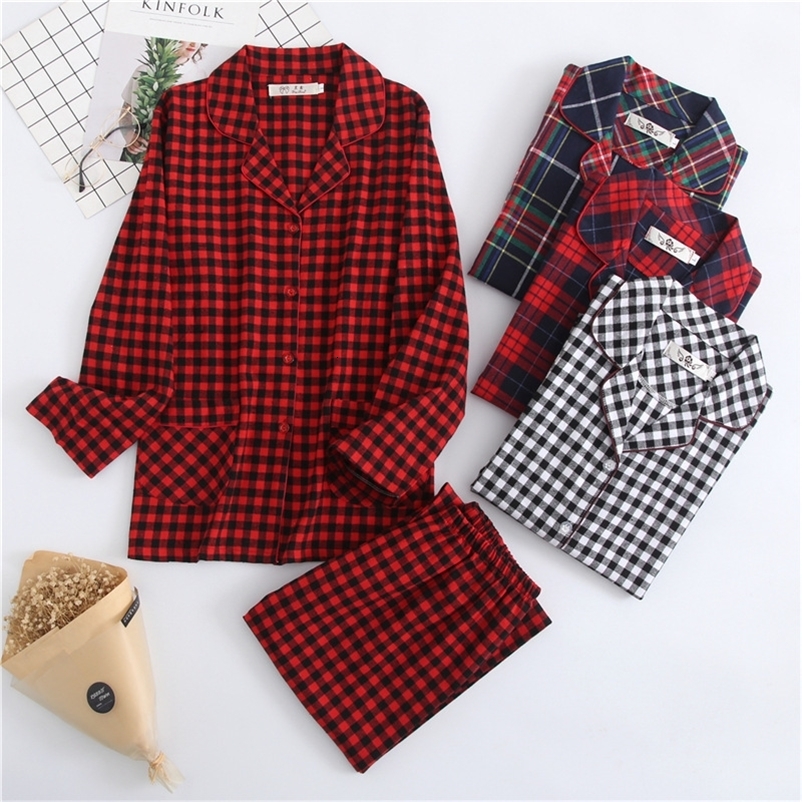 Women's Sleepwear Women's Autumn and Winter Cotton Brushed Flannel Long-sleeved Cardigan Plaid Clothes with Long Trouser Womens Two Piece Se