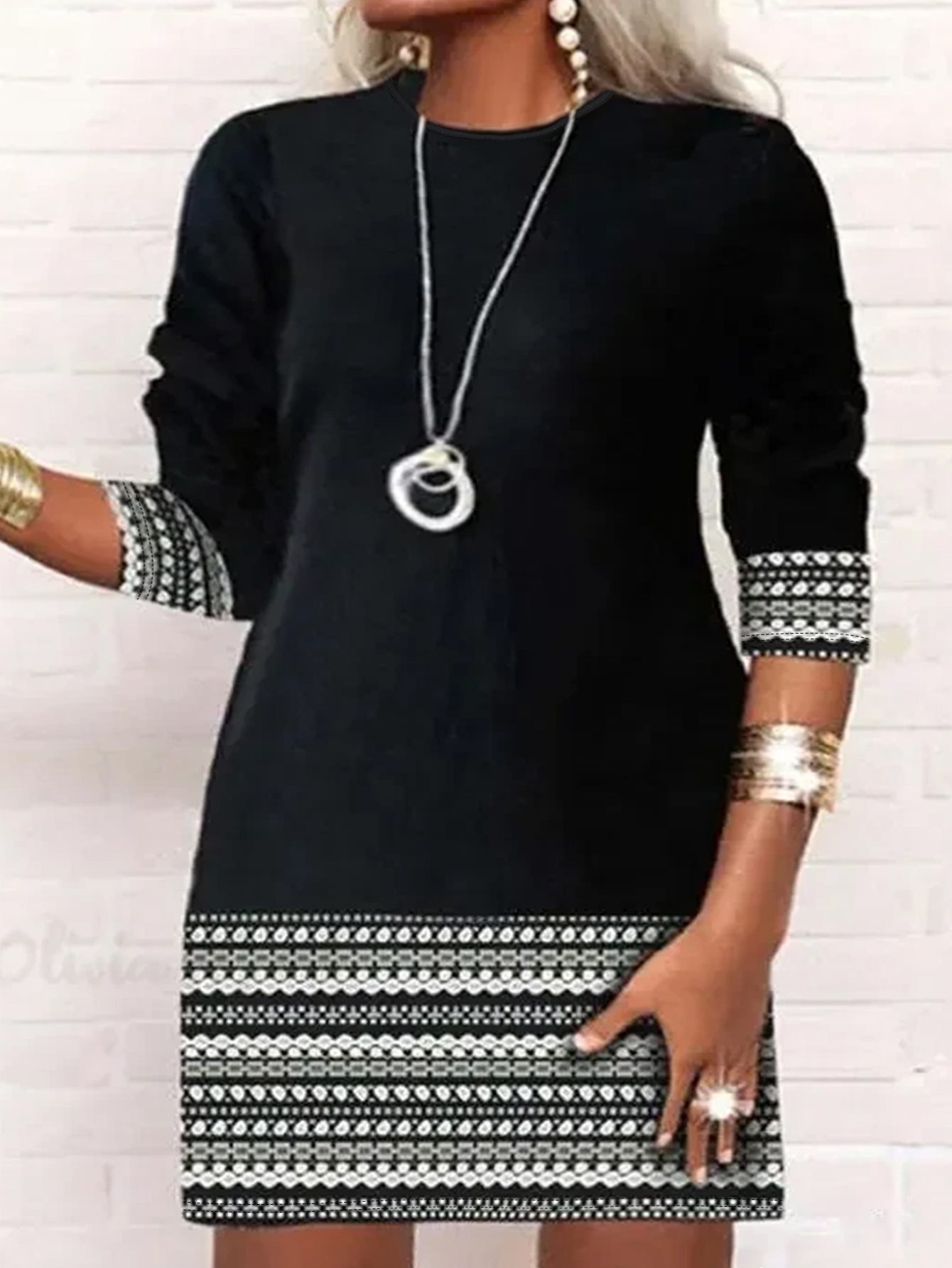 Women's Plus Size Shift Dress with Geometric Print Long Sleeve Casual Workwear -YL23505