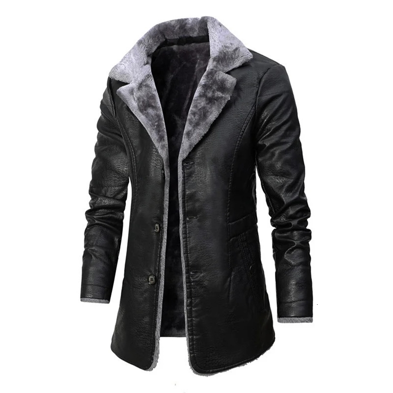 arrived Men Winter Leather Jacket Lapel Fleece Motor Biker Leather Jacket Men Business Casual Long Faux Leather Coats 240126