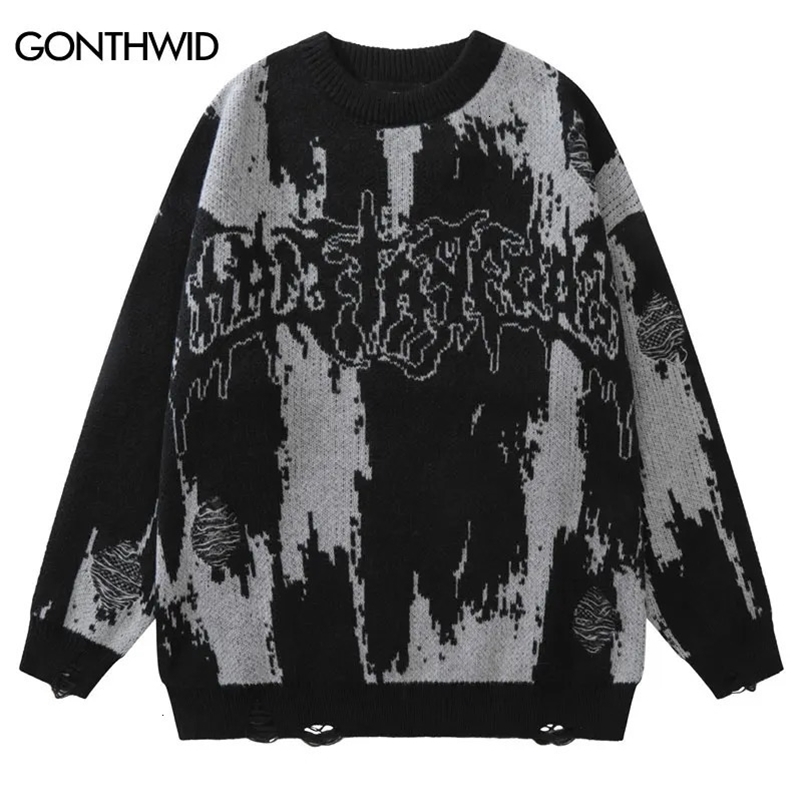 Men's Sweaters Hip Hop Ripped Sweaters Grunge Y2K Vintage Knitted Punk Gothic Streetwear Jumpers Men Women Harajuku Fashion Pullover 231212