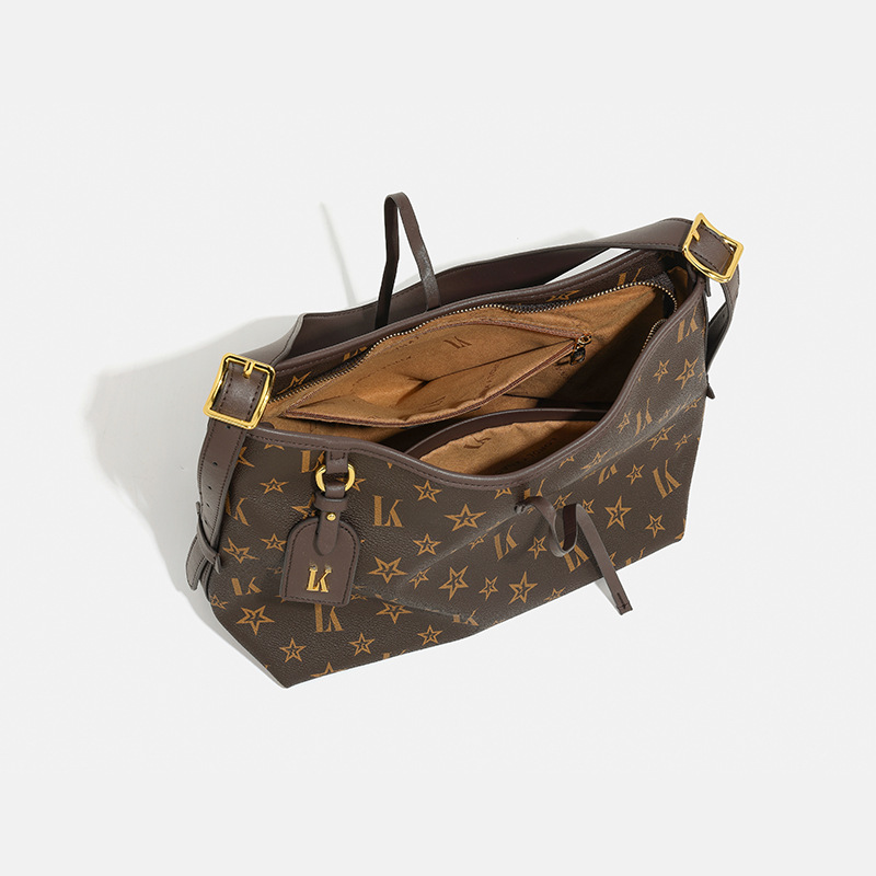 LORDLY KNACK designer bag light luxury genuine leather New large capacity tote bag for commuting casual fashion vintage printed armpit bag