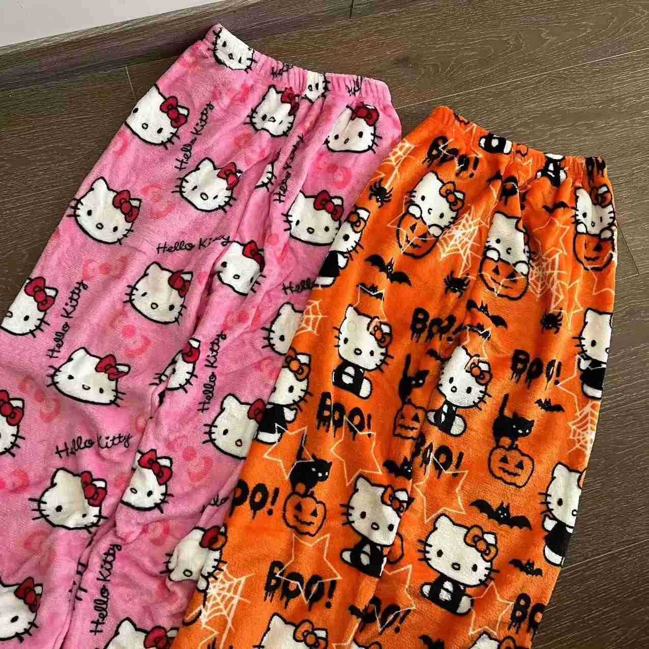 Sanrio Hello Kitty Flannel Pajamas Y2k Kawaii Anime WomenS Warm Woolen Cartoon Casual Home Pants Autumn Winter Fashion Trouser L250925