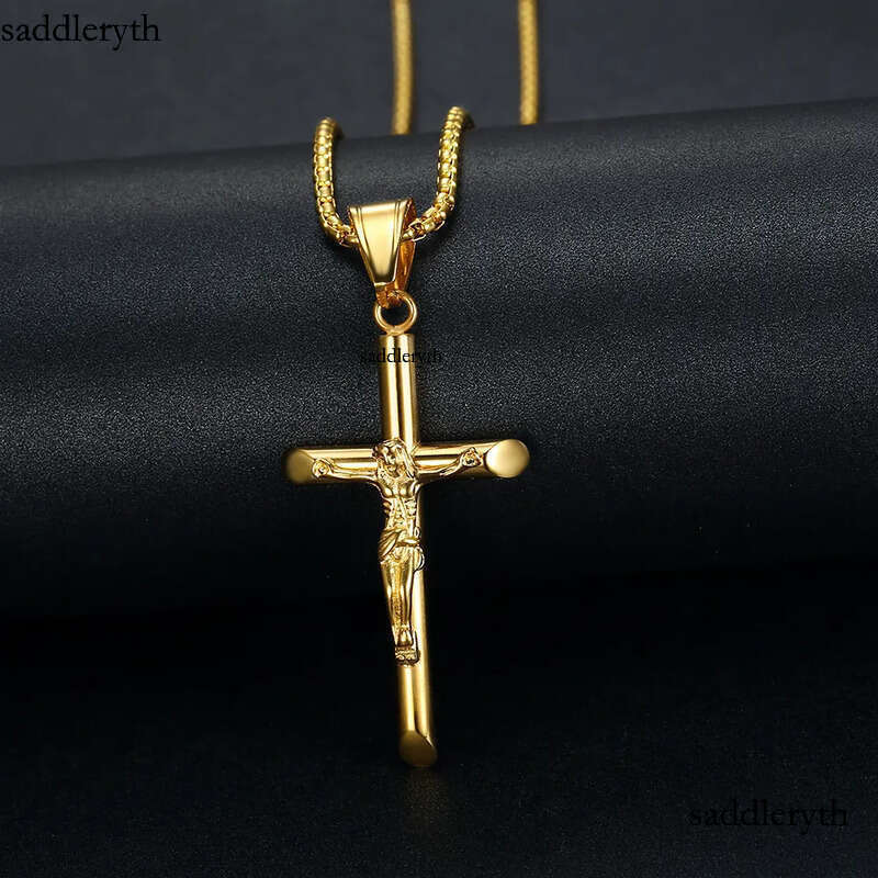Hip Hop Stainless Steel Jesus Cross Pendant Necklace High Polished Gold Plated Religious Jewelry
