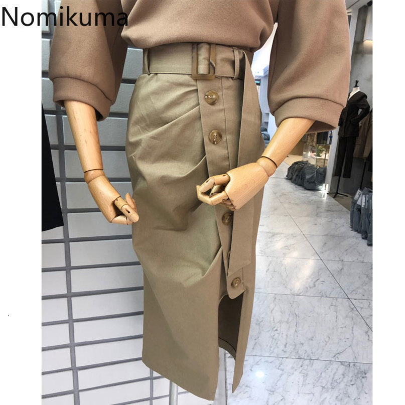 Nomikuma Fashion Single Breasted Split Skirts Elegant Women Korean Belt High Waist Split Skirt New Faldas Mujer 6D784 210427