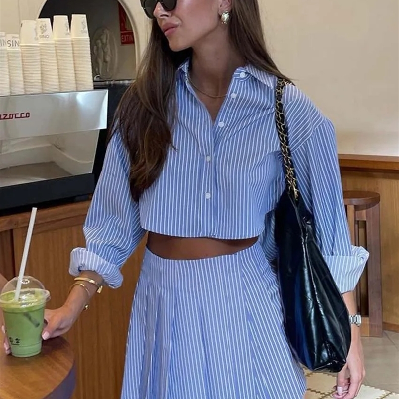 Oymimi Elegant Blue Striped Print Sets For Women 2 Pieces Fashion Long Sleeve Button Crop Tops And High Waist Pleated Skirts Set 250109